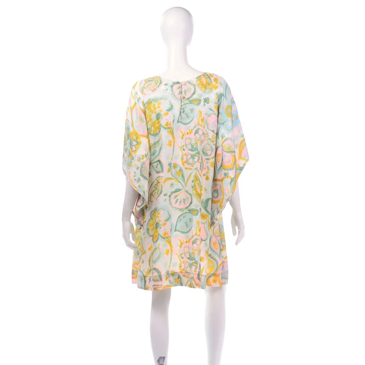 1970s Alfred Shaheen Pastel Floral Dress w/ Unique Sleeves
