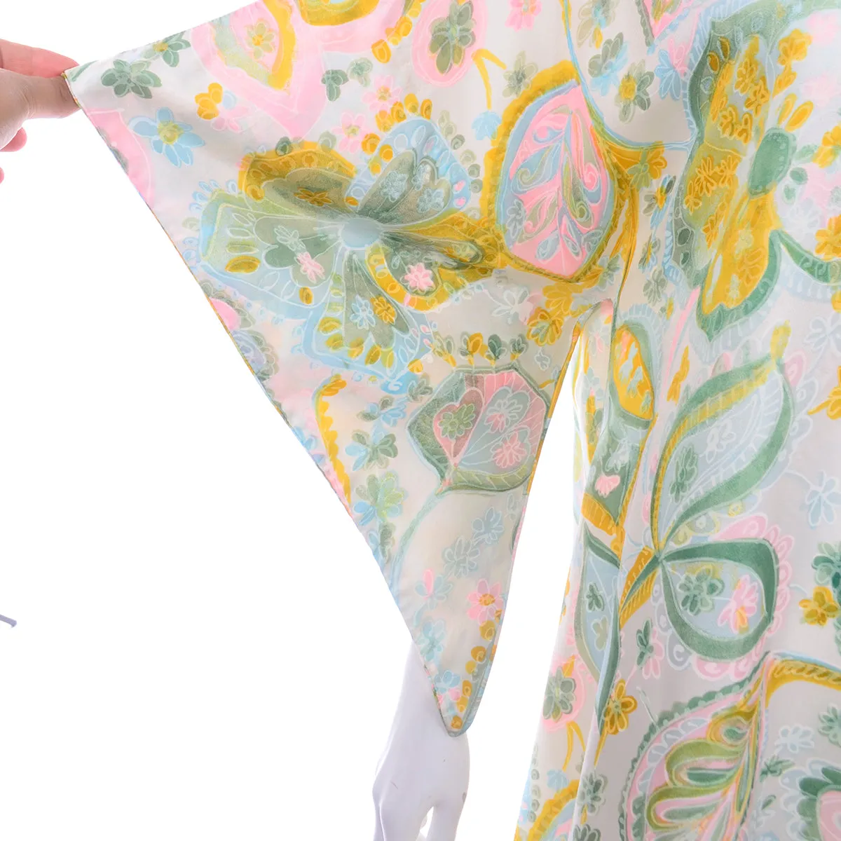 1970s Alfred Shaheen Pastel Floral Dress w/ Unique Sleeves