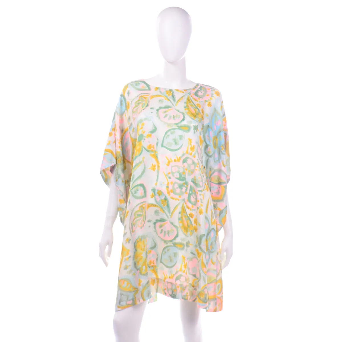 1970s Alfred Shaheen Pastel Floral Dress w/ Unique Sleeves