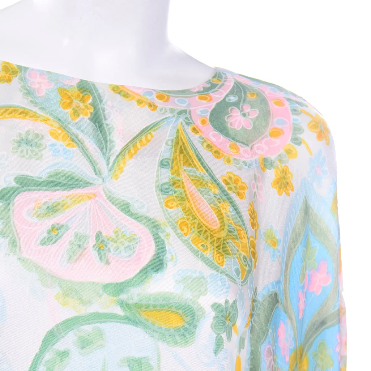 1970s Alfred Shaheen Pastel Floral Dress w/ Unique Sleeves