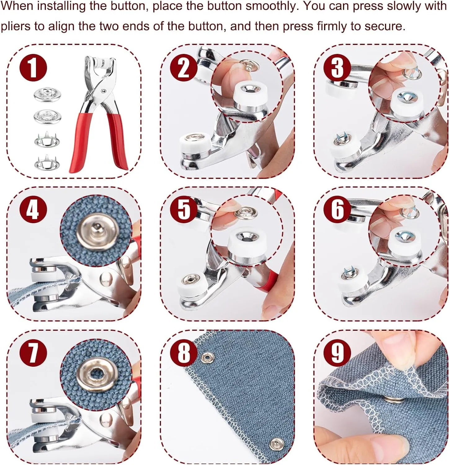 200 Sets Metal Snaps Buttons with Fastener Pliers Press Tool Kit for DIY Crafts Clothes Hats and Sewing (10 Colors,9.5Mm)