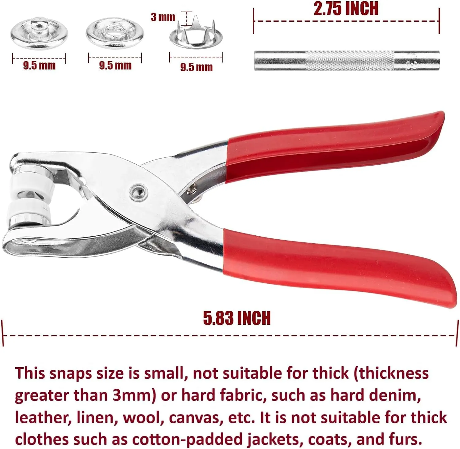 200 Sets Metal Snaps Buttons with Fastener Pliers Press Tool Kit for DIY Crafts Clothes Hats and Sewing (10 Colors,9.5Mm)