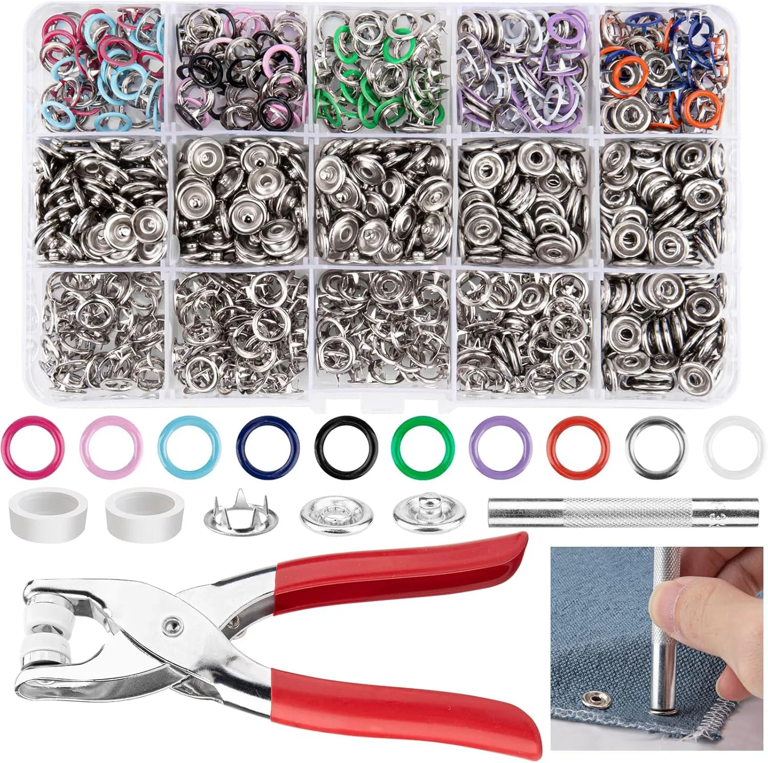 200 Sets Metal Snaps Buttons with Fastener Pliers Press Tool Kit for DIY Crafts Clothes Hats and Sewing (10 Colors,9.5Mm)