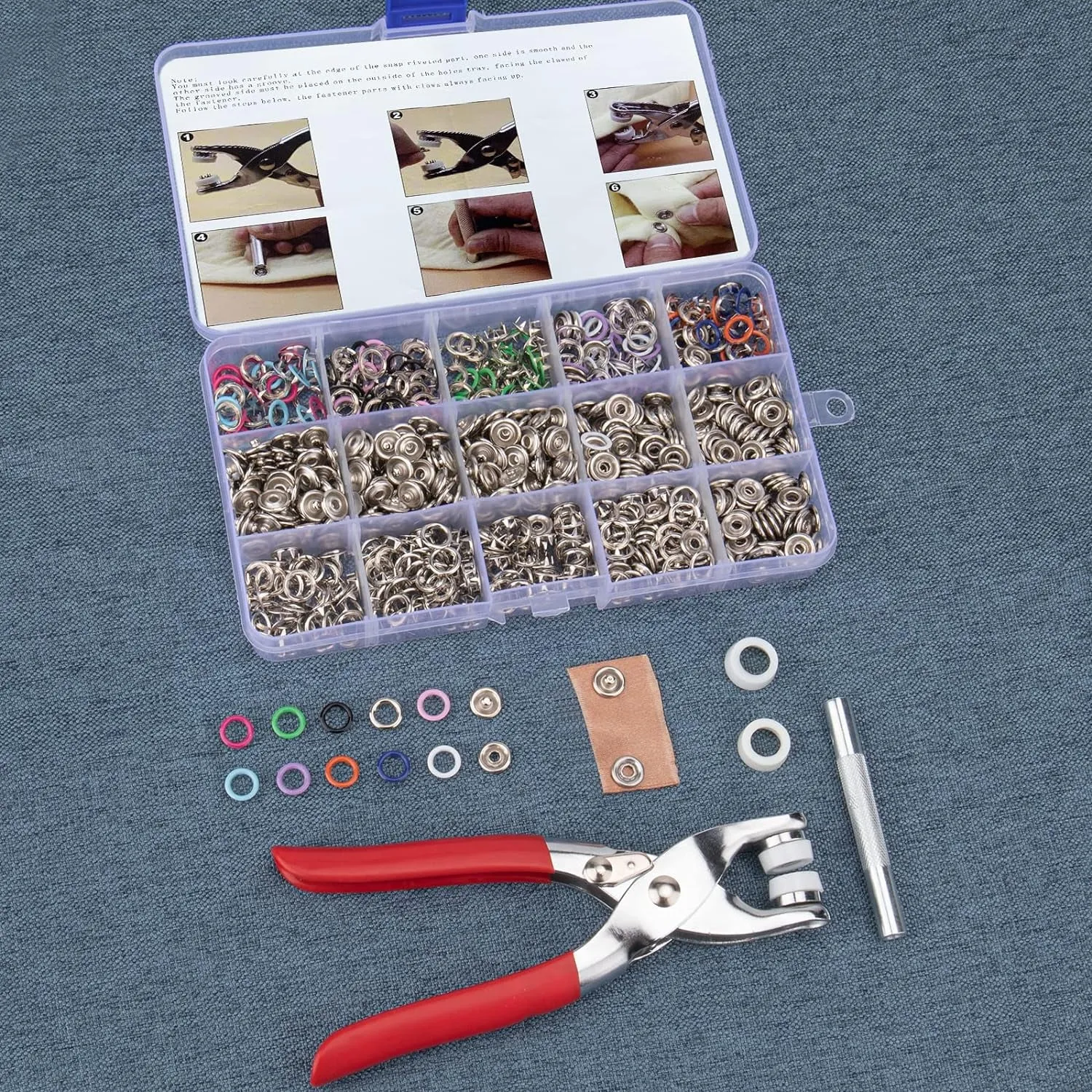 200 Sets Metal Snaps Buttons with Fastener Pliers Press Tool Kit for DIY Crafts Clothes Hats and Sewing (10 Colors,9.5Mm)