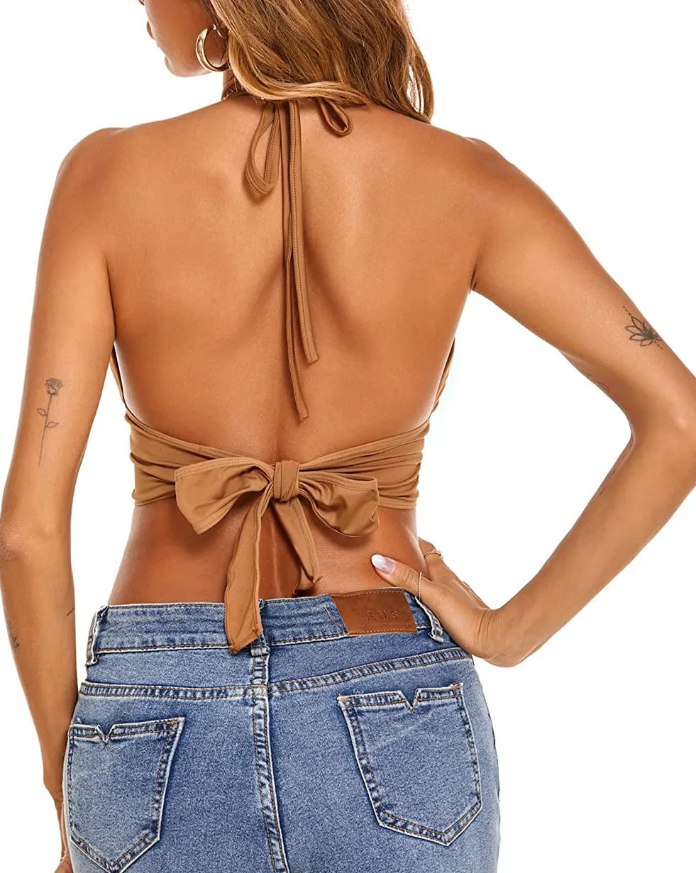 Halter Deep V Neck Tank Tops with Ring