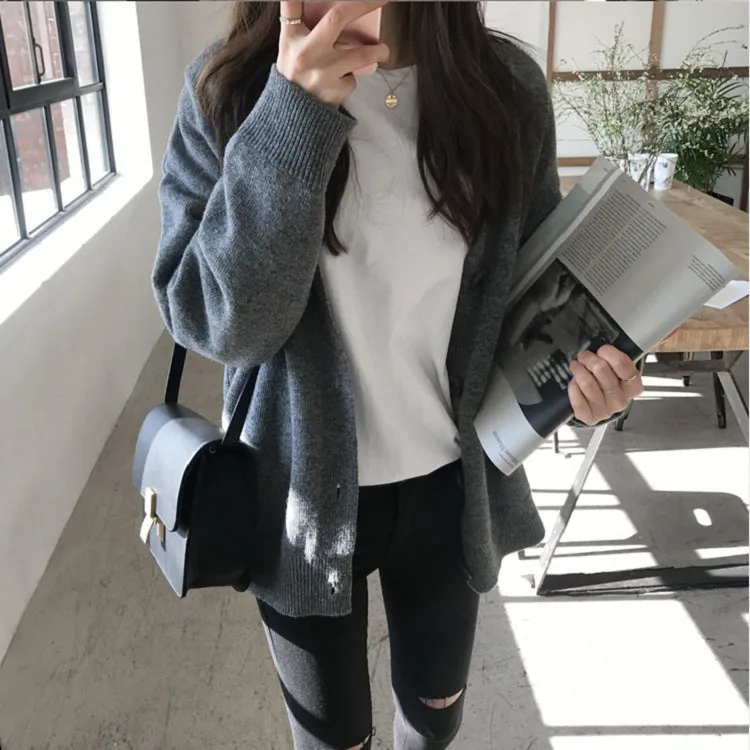 Korean Solid Colored Sweater Cardigan Women Trendy Slim Look All-Matching V-Neck Button Outerwear