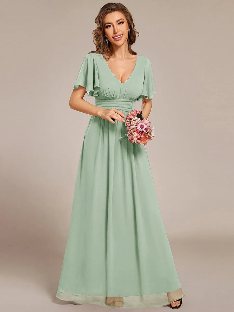 V-neck Lace-up Back Chiffon Maxi Bridesmaid Dress